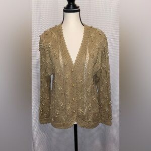 MAGNOLIA vintage beaded pearls‎ knitted cardigan Size small - Tan